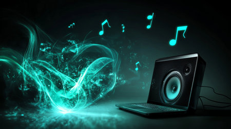 A captivating scene featuring vibrant sound waves in blue emanating from a laptop speaker, symbolizing creativity and modernity in digital music.の素材