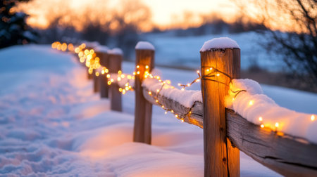A beautiful winter scene showcasing a snow-covered fence adorned with warm lights, creating a serene and festive atmosphere during sunset.の素材