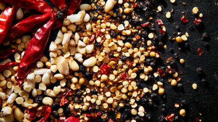 A vibrant assortment of spices and dried chilies scattered on a dark surface, showcasing rich textures and colors ideal for culinary uses and food photography.の素材