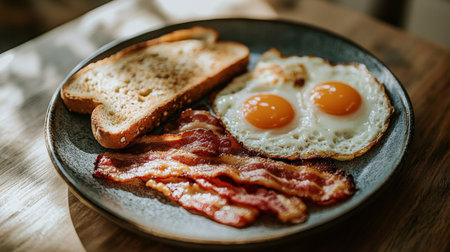 A savory breakfast plate featuring two fried eggs, crispy bacon strips, and a slice of toasted bread, perfect for a hearty morning meal.の素材