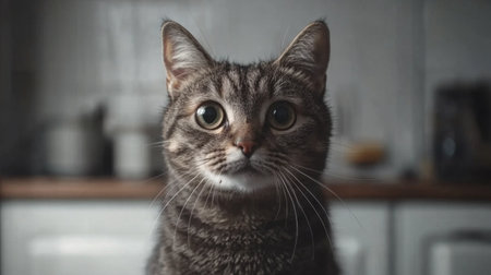 This lovely tabby cat showcases big, expressive eyes in a cozy kitchen setting. Its curious gaze captures the warmth and charm of a beloved pet.の素材