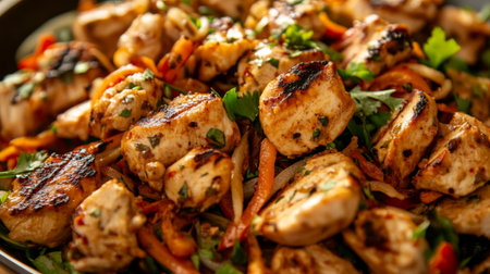 A delicious platter of grilled chicken combined with vibrant vegetables, perfect for a healthy dinner option. Enjoy the rich flavors and aromas.の素材