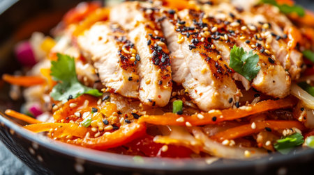 Enjoy a vibrant dish featuring grilled chicken topped with fresh vegetables and spices. This gourmet meal offers rich flavors and healthy ingredients.の素材