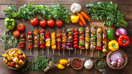 A vibrant display of assorted vegetable and meat skewers arranged on a rustic wooden table, perfect for summer grilling and outdoor dining experiences.の素材