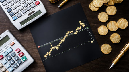 A flat lay view featuring a financial growth chart on black paper alongside calculators and gold coins. This image symbolizes financial success and investment strategies.の素材