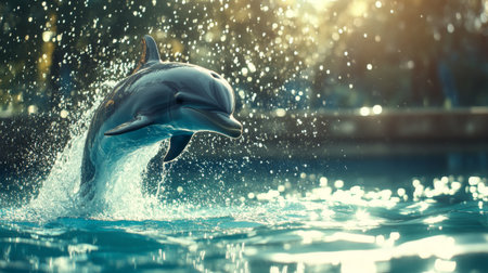 A joyful dolphin leaps gracefully from the water, creating a splash. Sunlight sparkles on the surface, capturing the beauty and liveliness of marine life.の素材