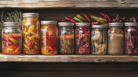 A vibrant display of colorful spices and preserves in glass jars on a rustic wooden shelf, showcasing a variety of ingredients perfect for culinary creations.の素材