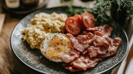 A scrumptious breakfast plate featuring fluffy scrambled eggs, crispy bacon, and fresh tomato slices. Perfect for a hearty morning meal or brunch.の素材
