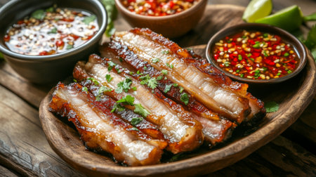 Enjoy a plate of grilled pork belly served with vibrant spicy sauces. This savory dish highlights rich flavors and tantalizing textures perfect for any meal.の素材