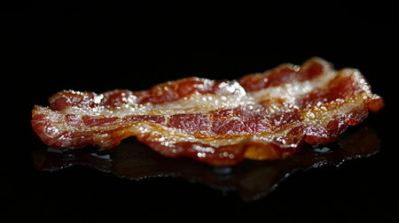 A single crispy bacon slice rests on a reflective black surface, showcasing its enticing texture and color. Perfect for food lovers and culinary enthusiasts.の素材