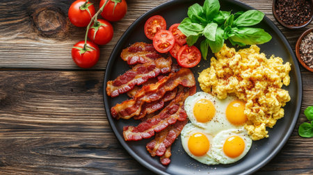 A vibrant breakfast plate featuring sunny side eggs, crispy bacon, fresh tomatoes, and basil, perfect for a healthy morning meal or brunch gathering.の素材