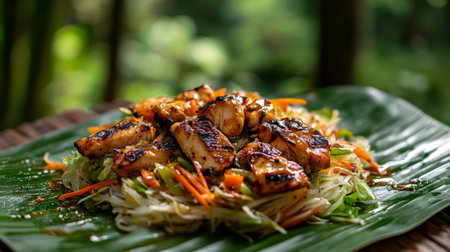 A vibrant dish featuring grilled chicken served on a bed of fresh vegetables, perfect for a healthy meal or a summertime outdoor gathering.の素材