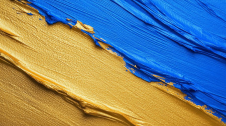 Vivid abstract background featuring smooth blue and gold paint textures. Perfect for artistic projects, wall art, or creative designs, evoking a sense of movement and depth.の素材