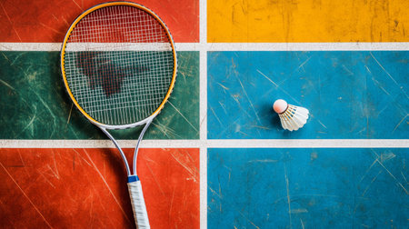 A vibrant flat lay of a badminton court featuring a racket and shuttlecock. Ideal for showcasing sports activities, training sessions, and athletic themes.の素材