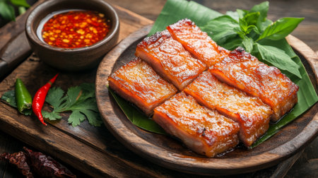 A vibrant dish featuring grilled pork served with a spicy sauce and fresh herbs, perfect for showcasing culinary wonders and tantalizing flavors.の素材