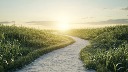 A serene pathway winds through lush green fields under a beautiful sunrise, inviting exploration and moments of tranquility in nature's embrace.の素材