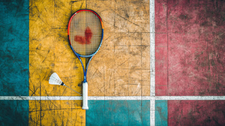 A vibrant tennis racket and shuttlecock rest on a colorful court, capturing the essence of sports and recreation. Ideal for fitness and competition themes.の素材