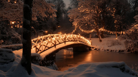 A stunning winter scene featuring a glowing bridge adorned with lights, surrounded by snow-covered trees and a peaceful river, creating a magical atmosphere at dusk.の素材
