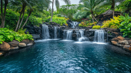 Discover a tranquil tropical waterfall surrounded by lush greenery and vibrant plants, creating an idyllic oasis perfect for relaxation and exploration.の素材