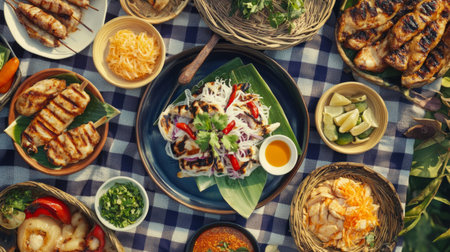 A vibrant and colorful food spread showcases various dishes arranged on a checkered tablecloth, celebrating fresh ingredients and culinary art in a cozy setting.の素材