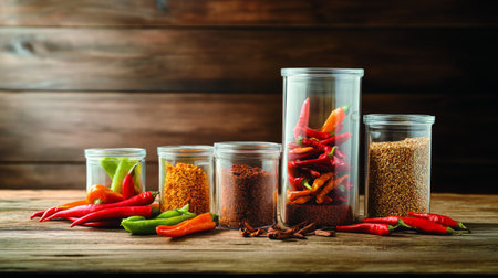 A vibrant display of spices and peppers in clear containers on a rustic wooden table, showcasing the beauty and variety of culinary ingredients for cooking.の素材