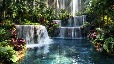 Experience a serene escape with this stunning view of tropical waterfalls surrounded by lush greenery and vibrant plants in an urban setting.の素材