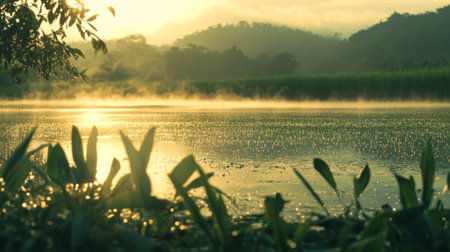 A peaceful lake scene at dawn, featuring soft mist rising over the water, surrounded by lush greenery and distant hills reflecting the morning light.の素材