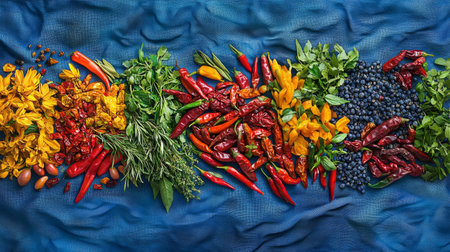 A stunning array of colorful vegetables and herbs arranged on a blue fabric background, showcasing the vibrant hues and fresh quality ideal for culinary arts and healthy cooking.の素材