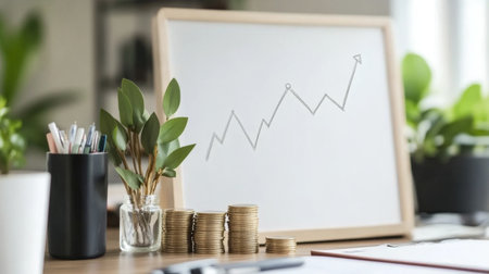 A modern business workspace featuring coins stacked next to a growth chart, symbolizing investment and financial success. Small plants add a fresh touch.の素材