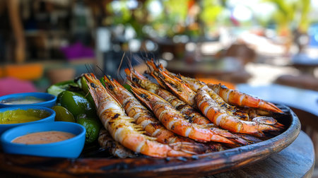A vibrant platter of grilled shrimp served with zesty dipping sauces and fresh lime, perfect for a summer feast or tropical dining experience.の素材