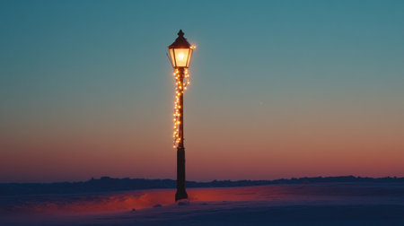A charming lantern casts a warm glow against a serene winter twilight, highlighting the beauty of a snowy landscape at dusk. Perfect for seasonal themes.の素材