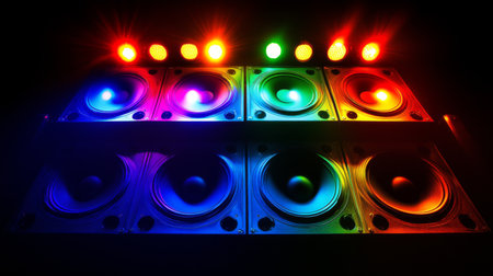 A stunning display of a vibrant sound system featuring colorful lights and speakers, perfect for events and nightlife scenes, capturing energy and rhythm.の素材