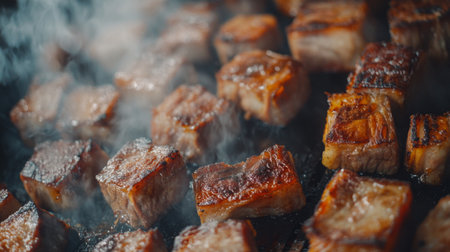 Discover the mouthwatering sight of grilled meat cubes sizzling on a hot grill, surrounded by aromatic smoke. Perfect for food lovers and culinary enthusiasts!の素材