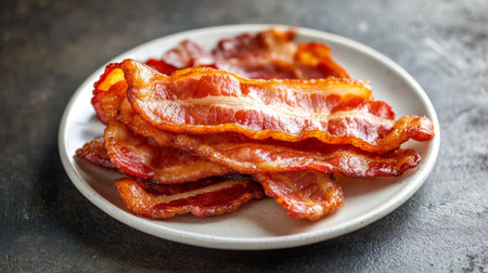 A delicious plate of crispy cooked bacon strips, perfect for breakfast or as a snack. Ideal for food-related content, showcasing flavor and indulgence.の素材