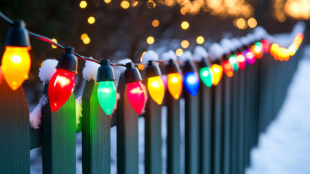 Vibrant holiday lights adorn a snowy fence, creating a cheerful winter scene. The warm glow adds a festive atmosphere perfect for seasonal celebrations.の素材
