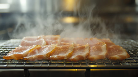 Close-up shot of sizzling bacon strips on a grill, with steam rising, showcasing the cooking process. Perfect for food-related projects or culinary themes.の素材