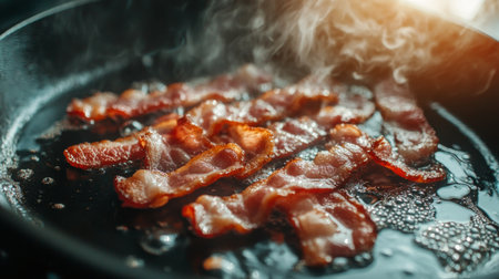 Freshly cooked crispy bacon sizzles in a frying pan, releasing mouthwatering aromas and steam. Ideal for breakfast or any savory dish.の素材