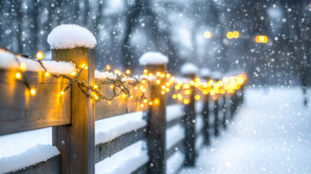 A serene winter scene featuring a snow-covered fence adorned with glowing lights, surrounded by gentle snowfall, creating a magical and cozy atmosphere.の素材