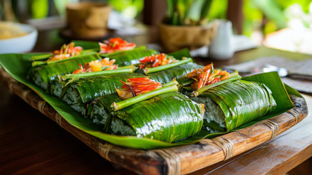 A vibrant presentation of freshly wrapped rice delicacies topped with herbs, served on a leafy platter in a tropical setting, celebrating authentic cuisine.の素材