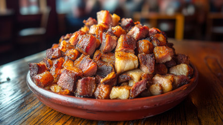 A mouthwatering pile of crunchy pork belly served on a wooden table, showcasing its savory texture and delicious, smoky flavor perfect for any meal.の素材