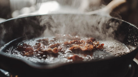 A cast iron skillet sizzles with crispy bacon, releasing flavorful steam in a cozy kitchen setting, perfect for a delicious breakfast experience.の素材