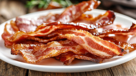 A close-up view of crispy bacon strips on a white plate, showcasing the delicious texture and golden color, perfect for breakfast or snack ideas.の素材