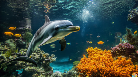 A lively dolphin swims gracefully through a colorful coral reef, showcasing the beauty of marine life and the vibrant underwater ecosystem. Experience the serenity and adventure of ocean exploration.の素材