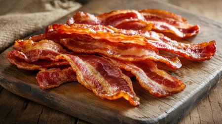 A tempting display of crispy bacon strips perfectly cooked, showcasing their savory texture and rich flavor, ideal for breakfast or brunch dishes.の素材