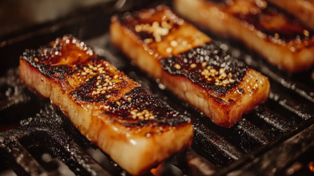 Juicy grilled pork belly with a crispy crust topped with sesame seeds. Perfect for a savory meal or gourmet dinner, this dish is sure to delight.の素材