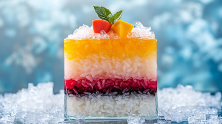 A vibrant and colorful layered dessert served in a glass. This delightful treat features textures of coconut, mango, and raspberry, garnished with fresh fruit. Perfect for summer!の素材