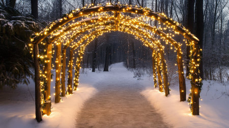 A picturesque snow-covered pathway illuminated by twinkling fairy lights, creating a magical atmosphere in a tranquil winter forest setting.の素材