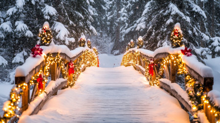 A picturesque snowy bridge adorned with bright holiday lights, surrounded by tall trees, creating a tranquil winter wonderland filled with festive cheer.の素材