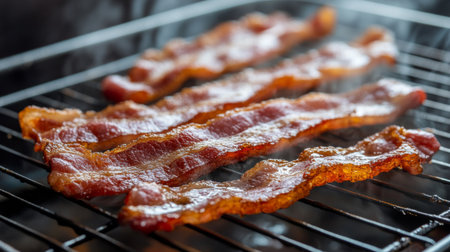Freshly cooked bacon strips sizzling on a grill, showcasing delicious crispy texture and rich aroma, perfect for breakfast or indulgent snacks.の素材