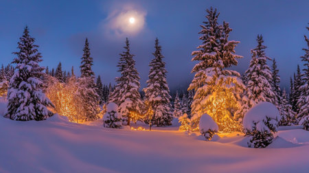 A serene winter landscape under a glowing moon, featuring snow-covered trees and a tranquil atmosphere. Perfect for capturing the beauty of cold nights.の素材